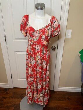 Auguste The Label Red Floral Babydoll Midi Dress, Size 6